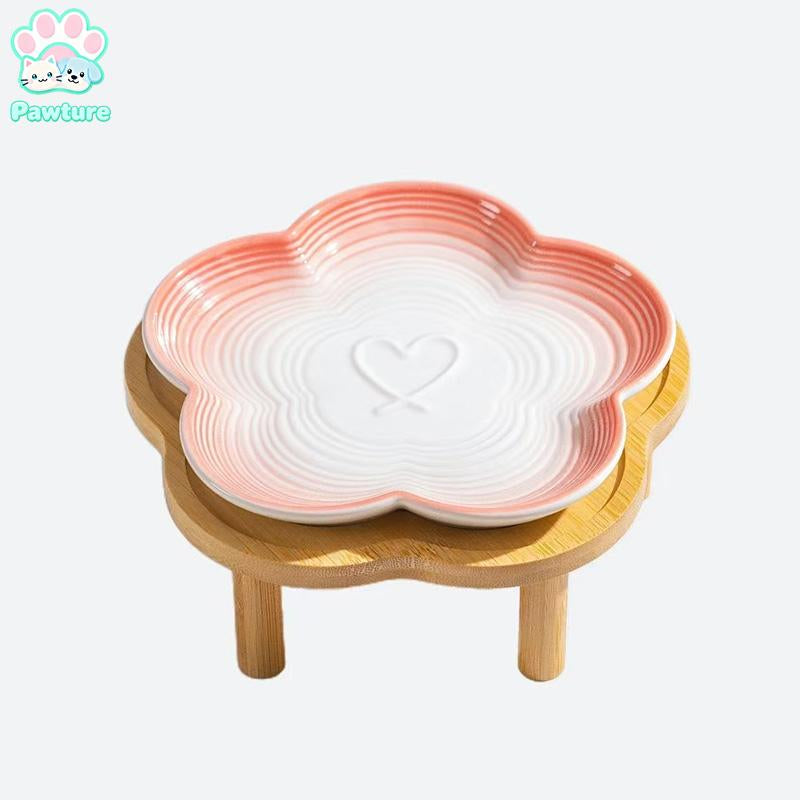 Shallow Elevated Cat Bowl, 6.6 Inch Wide Raised Ceramic Cat Dish with Bamboo Stand, Whisker Friendly Pet Water or Food Plate Feeding Station for Indoor Cats, Kittens