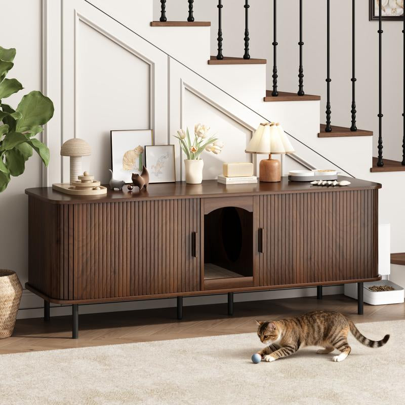 Fluted Hidden Cat Litter Box Enclosure – Modern Wood Furniture with Scratching Pad, Large Indoor Cat House Cabinet Side/End Table for Living Room & Entryway