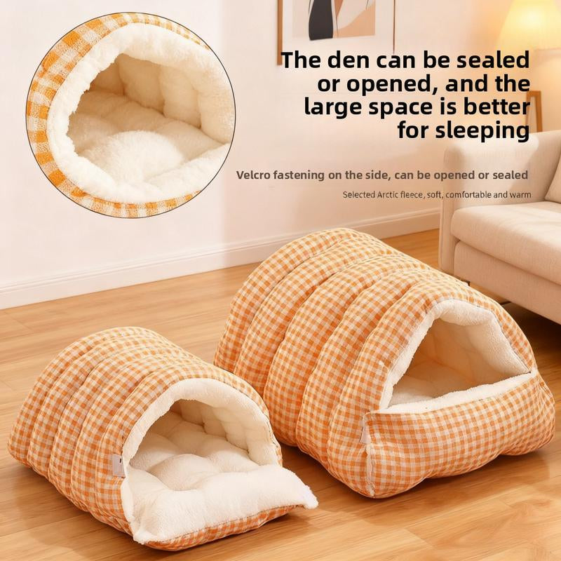 Pet Bed Christmas Theme Color Warm Winter Plaid Cat Bed - Thick Foldable Semi-Enclosed Cat Sleep Bag with Soft Skin-Friendly Velvet Lining, Portable Design