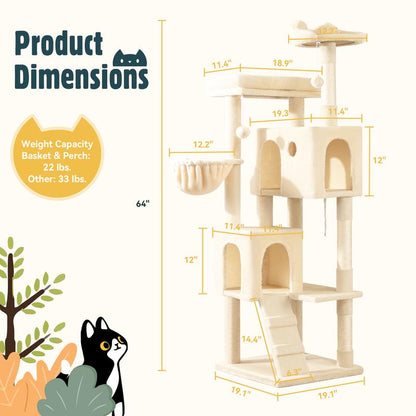 HOOMIC 64-Inch Large Cat Tree – Multi-Level Cat Tower with Durable Activity Center for Indoor Cats,Beige/Dark Grey/Grey/Pink/Leopard Print & Spot Patterns