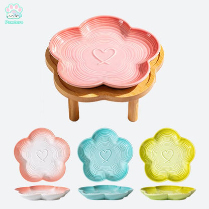 Shallow Elevated Cat Bowl, 6.6 Inch Wide Raised Ceramic Cat Dish with Bamboo Stand, Whisker Friendly Pet Water or Food Plate Feeding Station for Indoor Cats, Kittens