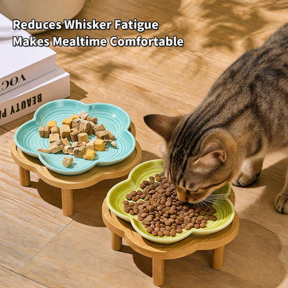 Shallow Elevated Cat Bowl, 6.6 Inch Wide Raised Ceramic Cat Dish with Bamboo Stand, Whisker Friendly Pet Water or Food Plate Feeding Station for Indoor Cats, Kittens