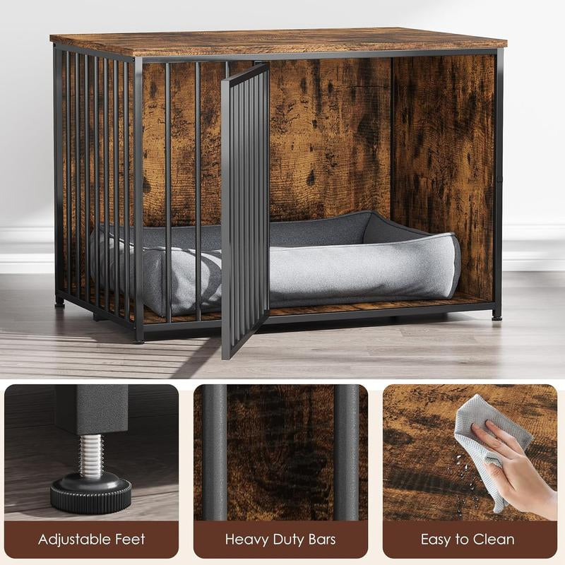 AECOJOY Dog Crate Furniture,Storage Cabinet, 36/42 Inch Wooden & Steel Rustic Brown Kennel for Large & Medium Dogs Escape-Proof Chew-Proof Adjustable Feet End Table