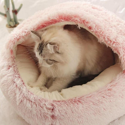 Cat Bed round Plush Fluffy Hooded Cat Bed Cave, Cozy for Indoor Cats or Small Dog Beds, Soothing Pet Beds Doughnut Calm Anti-Nxiety Dog Bed - Waterproof Bottom Washable, 20Inches Soft 2-In-1 Covered Cat Bed Cushion