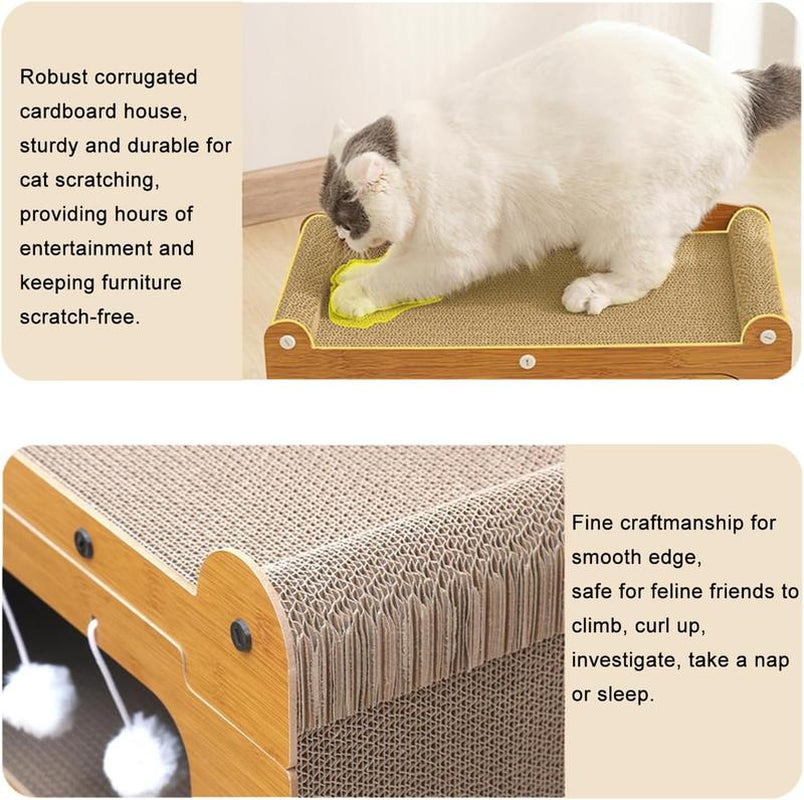 2 in 1 House & Scratch Board, 1 Set Wooden Bed with Scratcher, Durable Double Layer Bed, Pet Furniture for Indoor Spacious Cool Cat Stuff Cozy Cat Bed Cat Scratcher Indoor Cat Accessories Cat Toys Cat Accessories