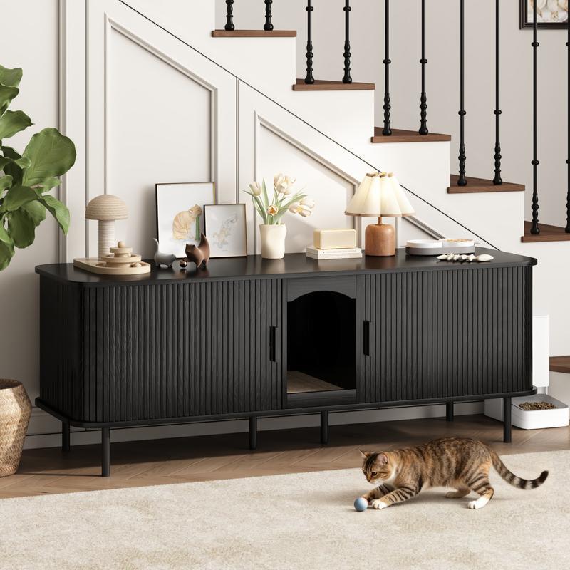 Fluted Hidden Cat Litter Box Enclosure – Modern Wood Furniture with Scratching Pad, Large Indoor Cat House Cabinet Side/End Table for Living Room & Entryway