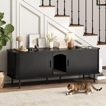 Fluted Hidden Cat Litter Box Enclosure – Modern Wood Furniture with Scratching Pad, Large Indoor Cat House Cabinet Side/End Table for Living Room & Entryway