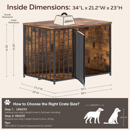 AECOJOY Dog Crate Furniture,Storage Cabinet, 36/42 Inch Wooden & Steel Rustic Brown Kennel for Large & Medium Dogs Escape-Proof Chew-Proof Adjustable Feet End Table