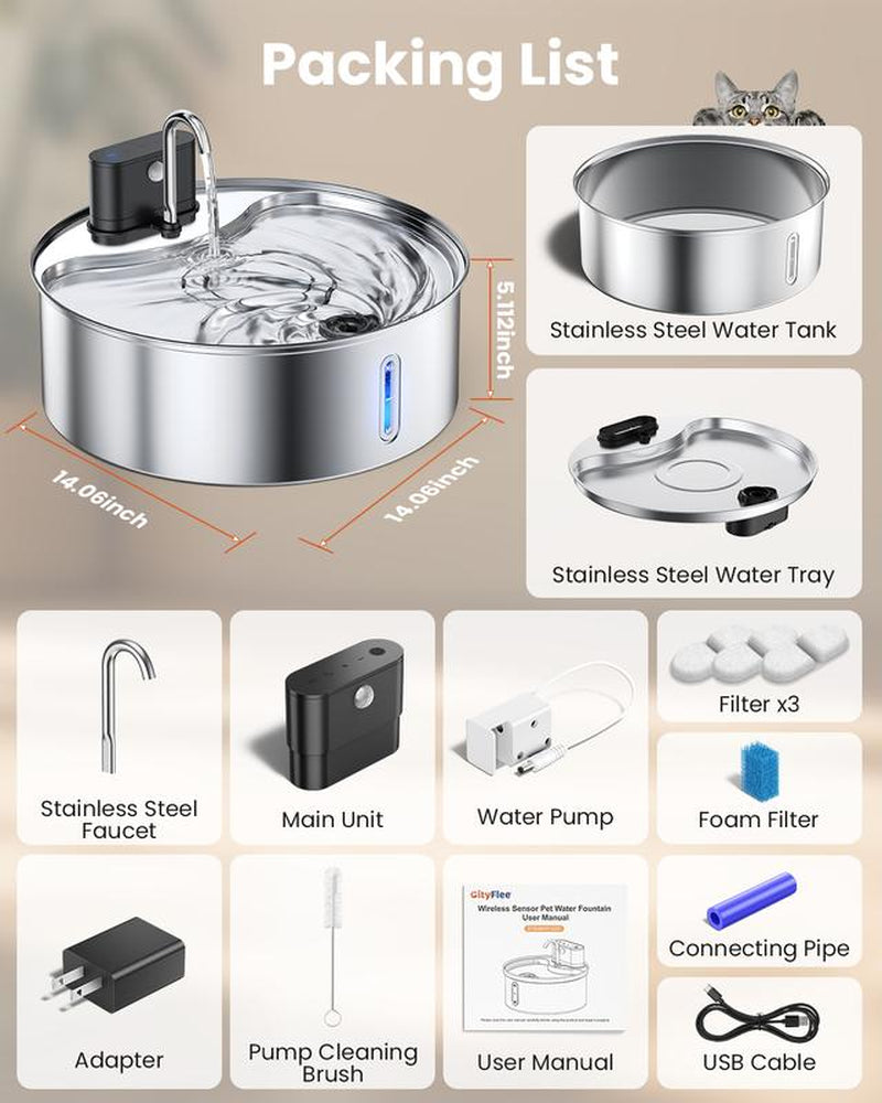【Cityflee】 12L Wireless Dog Water Fountain for Large Dogs or Multiple Cats: 304 Stainless Steel Bowl - 3.2Gal/406Oz Super Quiet with Visual Water Level - Great for Multi-Pet Home, Rechargeable Large Capacity