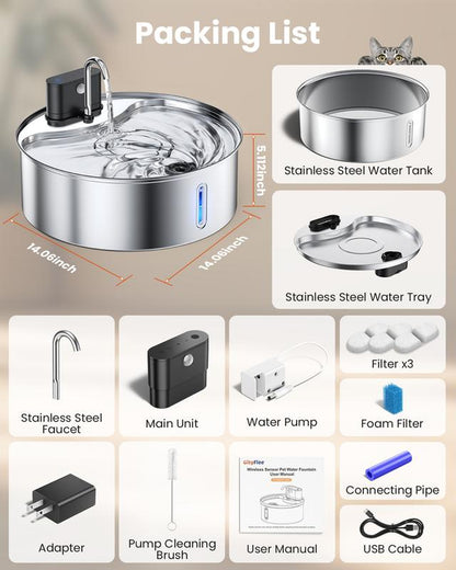 【Cityflee】 12L Wireless Dog Water Fountain for Large Dogs or Multiple Cats: 304 Stainless Steel Bowl - 3.2Gal/406Oz Super Quiet with Visual Water Level - Great for Multi-Pet Home, Rechargeable Large Capacity