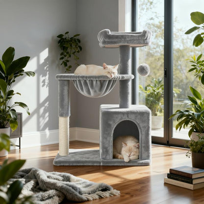 MUTICOR 29 Inches Cat Tree with Dual Pom-Pom Ears Small Blue Grey Beige Pink Cozy Condo for Cats with Play Area