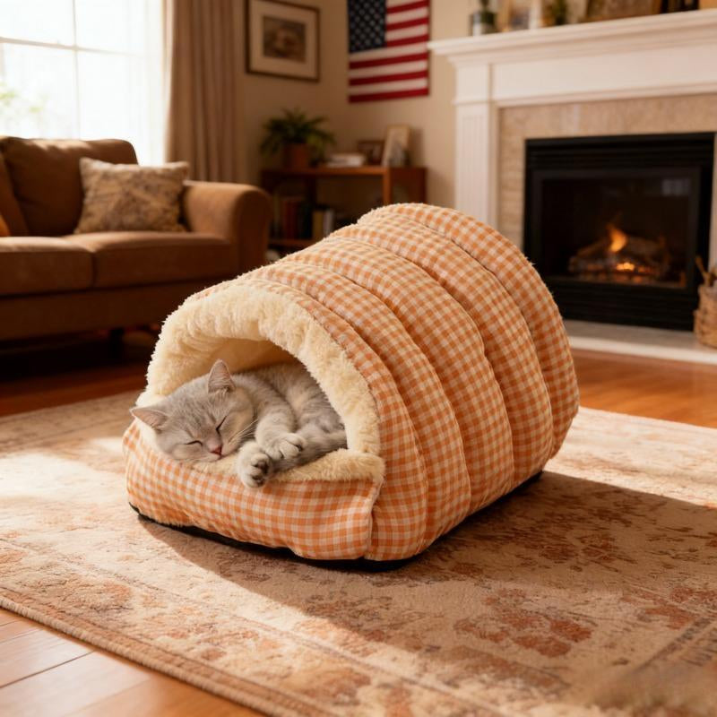 Pet Bed Christmas Theme Color Warm Winter Plaid Cat Bed - Thick Foldable Semi-Enclosed Cat Sleep Bag with Soft Skin-Friendly Velvet Lining, Portable Design