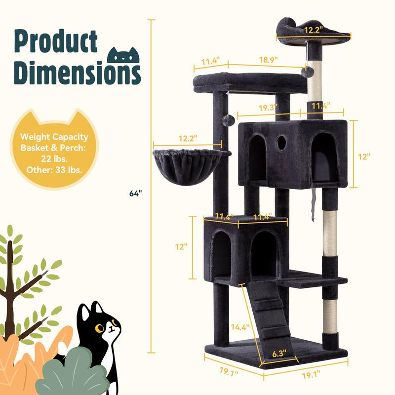 HOOMIC 64-Inch Large Cat Tree – Multi-Level Cat Tower with Durable Activity Center for Indoor Cats,Beige/Dark Grey/Grey/Pink/Leopard Print & Spot Patterns