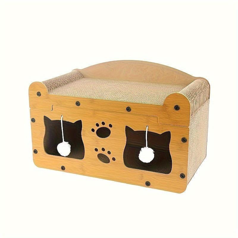2 in 1 House & Scratch Board, 1 Set Wooden Bed with Scratcher, Durable Double Layer Bed, Pet Furniture for Indoor Spacious Cool Cat Stuff Cozy Cat Bed Cat Scratcher Indoor Cat Accessories Cat Toys Cat Accessories