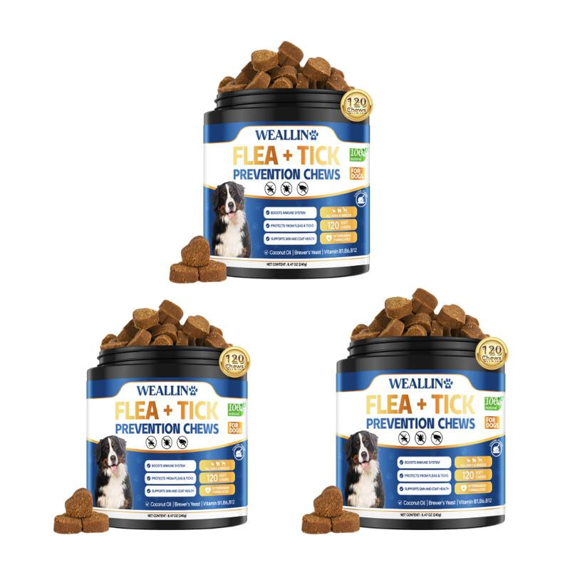 【SALE】WEALLIN Flea & Tick Prevention Chews for Dogs – Natural Formula with Coconut Oil & Flaxseed – 120 Soft Chews – Daily Support for All Breeds & Sizes – Gentle Vet-Formulated – Free Gift Included - Animal Safe