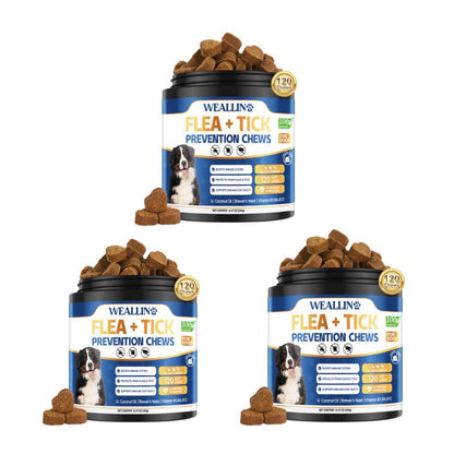 【SALE】WEALLIN Flea & Tick Prevention Chews for Dogs – Natural Formula with Coconut Oil & Flaxseed – 120 Soft Chews – Daily Support for All Breeds & Sizes – Gentle Vet-Formulated – Free Gift Included - Animal Safe