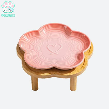 Shallow Elevated Cat Bowl, 6.6 Inch Wide Raised Ceramic Cat Dish with Bamboo Stand, Whisker Friendly Pet Water or Food Plate Feeding Station for Indoor Cats, Kittens