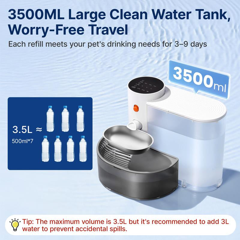 Potaroma Smart Wireless Pet Water Fountain, Stainless Steel Bowl, No Filter, 3.5L Large Capacity, Rechargeable Automatic Water Dispenser for Cats and Small Dogs, Wastewater Separation Fresh Water