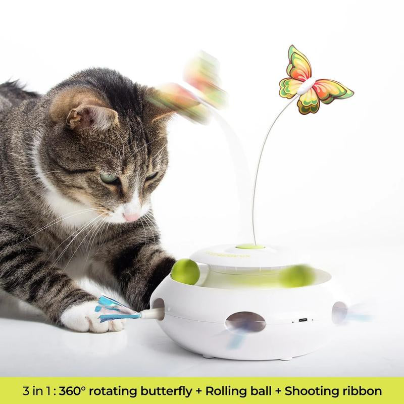 All for Paws Motion Activated Cat Toy 3-In-1 Spinning Butterfly Rolling Ball & Shooting Ribbon Interactive Kitten Play Fun Upgrade Rechargeable Safe Material