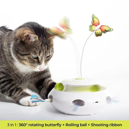 All for Paws Motion Activated Cat Toy 3-In-1 Spinning Butterfly Rolling Ball & Shooting Ribbon Interactive Kitten Play Fun Upgrade Rechargeable Safe Material
