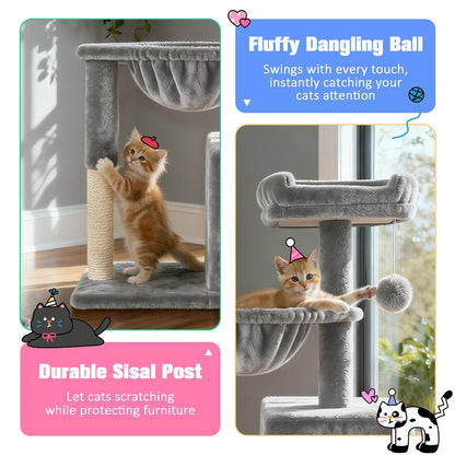 MUTICOR 29 Inches Cat Tree with Dual Pom-Pom Ears Small Blue Grey Beige Pink Cozy Condo for Cats with Play Area