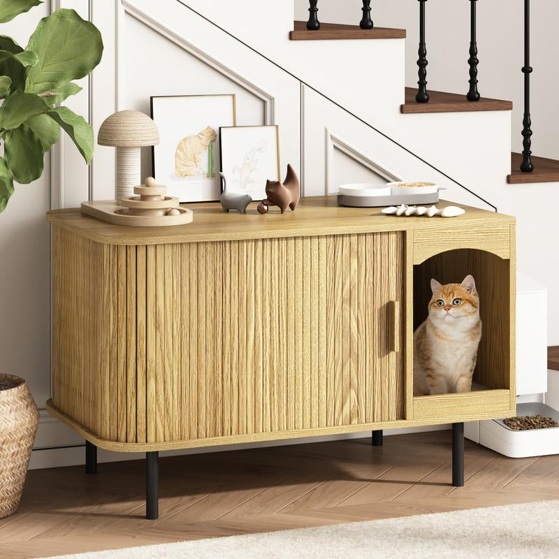 Fluted Hidden Cat Litter Box Enclosure – Modern Wood Furniture with Scratching Pad, Large Indoor Cat House Cabinet Side/End Table for Living Room & Entryway