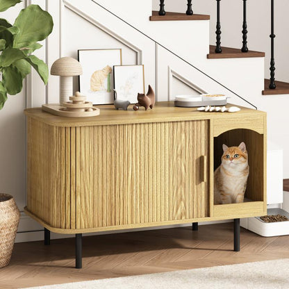 Fluted Hidden Cat Litter Box Enclosure – Modern Wood Furniture with Scratching Pad, Large Indoor Cat House Cabinet Side/End Table for Living Room & Entryway