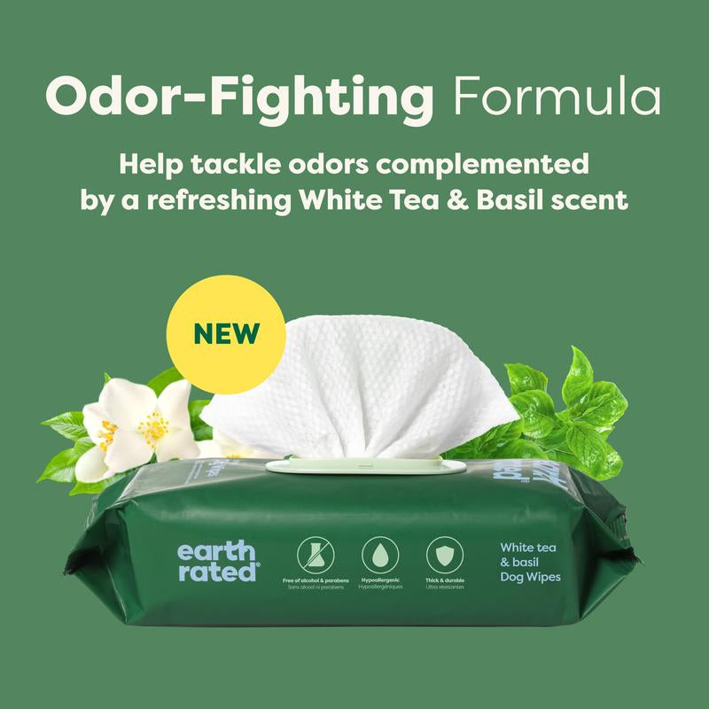 Earth Rated | 3-In-1 Pet Grooming Wipes for Dogs & Cats, Cleaning, Deodorizing & Hydrating, White Tea & Basil Scent, 400 Count