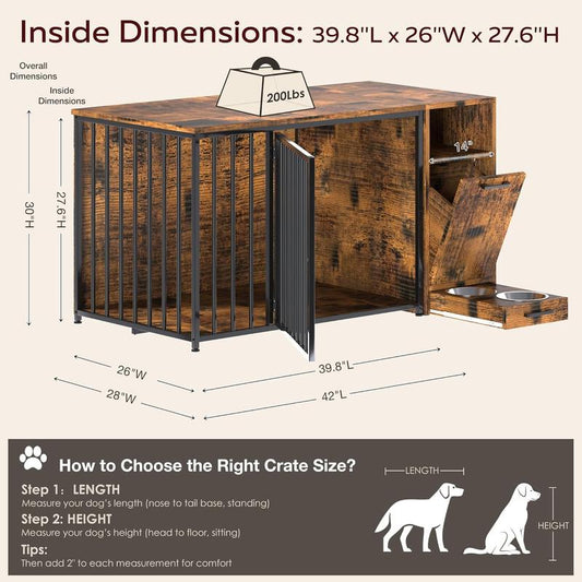 AECOJOY Dog Crate Furniture,Storage Cabinet, 36/42 Inch Wooden & Steel Rustic Brown Kennel for Large & Medium Dogs Escape-Proof Chew-Proof Adjustable Feet End Table