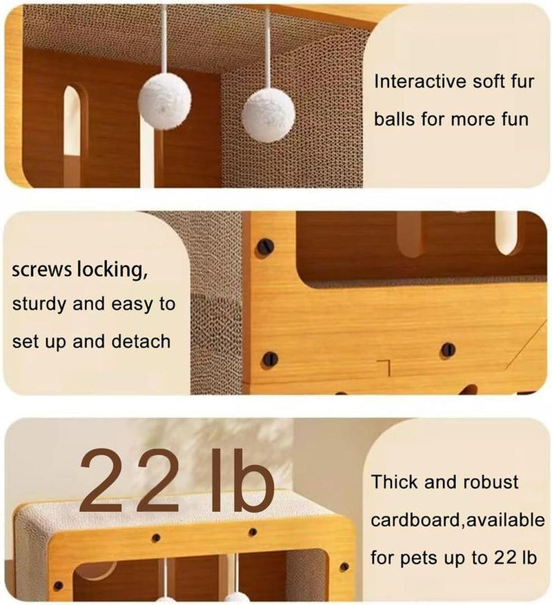 2 in 1 House & Scratch Board, 1 Set Wooden Bed with Scratcher, Durable Double Layer Bed, Pet Furniture for Indoor Spacious Cool Cat Stuff Cozy Cat Bed Cat Scratcher Indoor Cat Accessories Cat Toys Cat Accessories