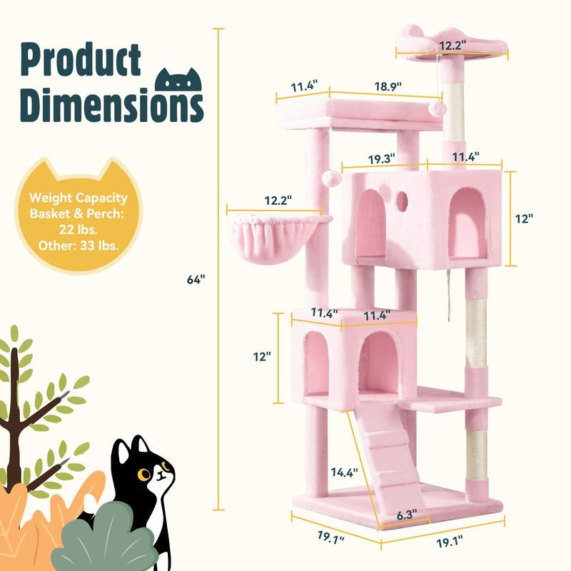 HOOMIC 64-Inch Large Cat Tree – Multi-Level Cat Tower with Durable Activity Center for Indoor Cats,Beige/Dark Grey/Grey/Pink/Leopard Print & Spot Patterns