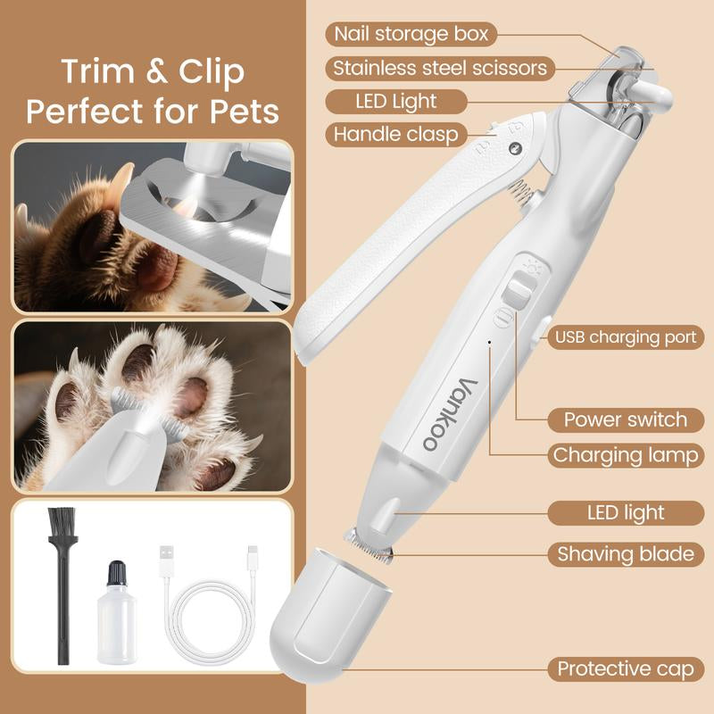 Vankoo 2-In-1 Dog Nail Clipper & Paw Hair Trimmer Kit with LED Light, Pet Paw Trimmer Rechargeable & Waterproof – Small Dog Grooming Clippers– Safe for Dogs & Cats Low Noise Pet Shaver Christmas Gift