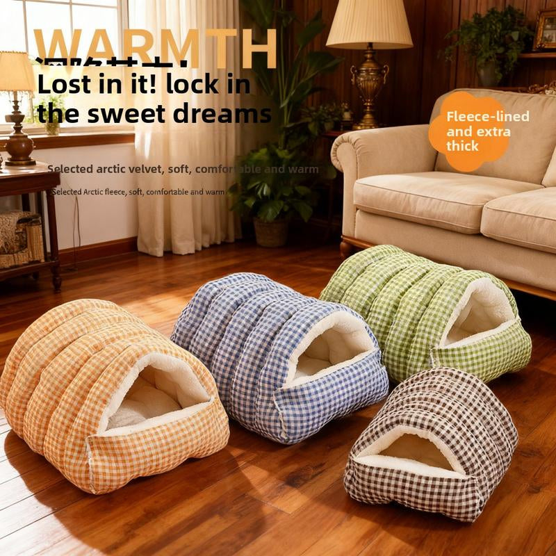 Pet Bed Christmas Theme Color Warm Winter Plaid Cat Bed - Thick Foldable Semi-Enclosed Cat Sleep Bag with Soft Skin-Friendly Velvet Lining, Portable Design