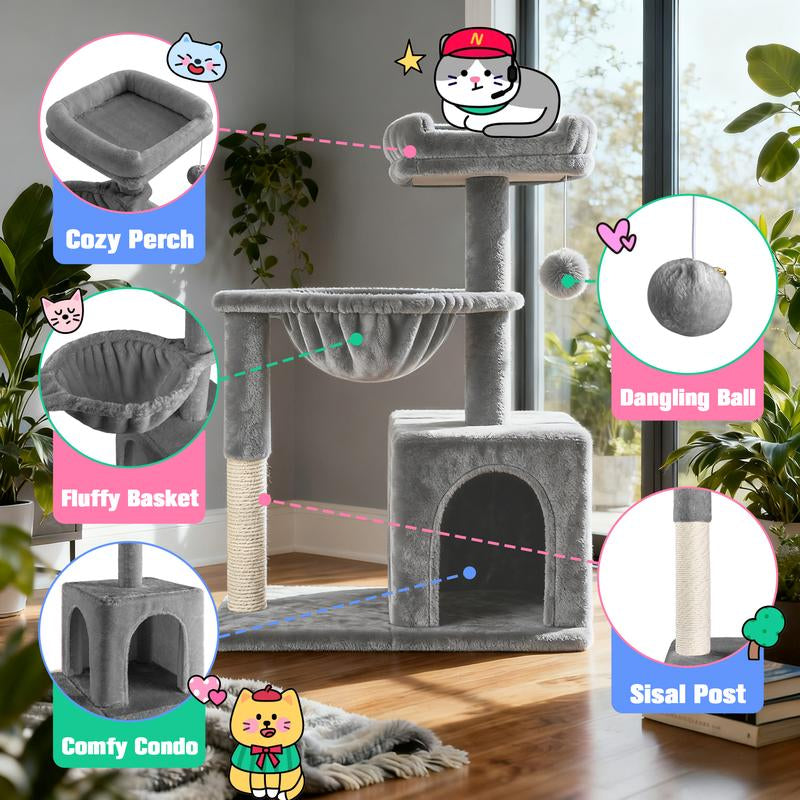 MUTICOR 29 Inches Cat Tree with Dual Pom-Pom Ears Small Blue Grey Beige Pink Cozy Condo for Cats with Play Area