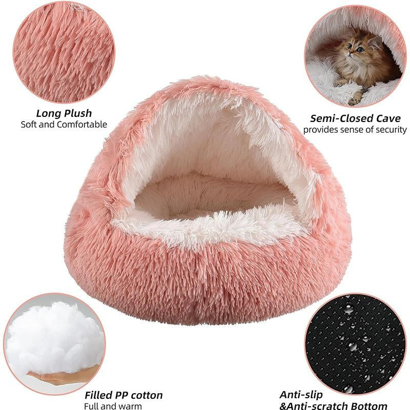 Pet Shell Nest Cat Bed Winter Warm Half-Enclosed Pet Nest Dog Bed Shaped Beds Long Plush Pet Bed, Cozy and Comfortable Pet Sleeping Mat