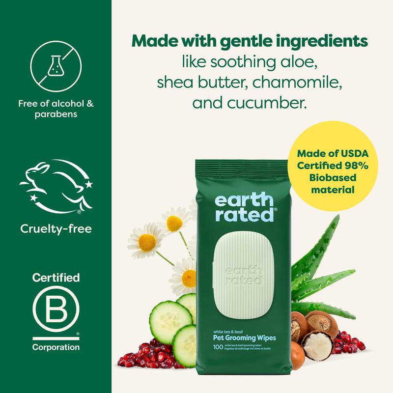 Earth Rated | 3-In-1 Pet Grooming Wipes for Dogs & Cats, Cleaning, Deodorizing & Hydrating, White Tea & Basil Scent, 400 Count