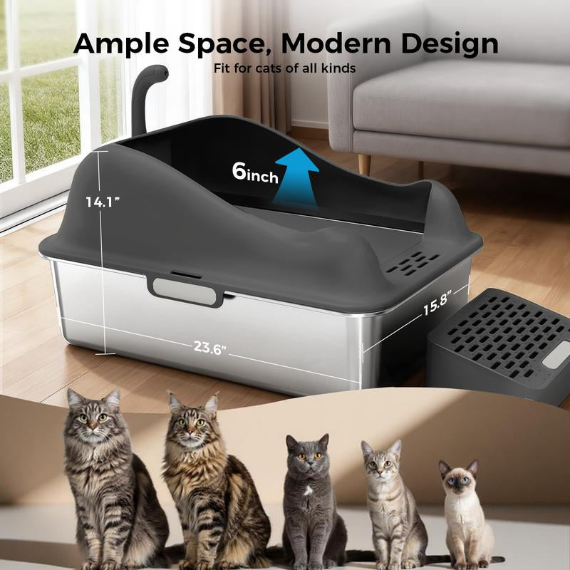 【Christmas Gifts】Extra Large Stainless Steel Cat Litter Box with Lid for Big Cats | XL Enclosed Metal Pan with High Sidewalls & Removable Cover | Leak-Proof, Non-Stick, Easy-Clean
