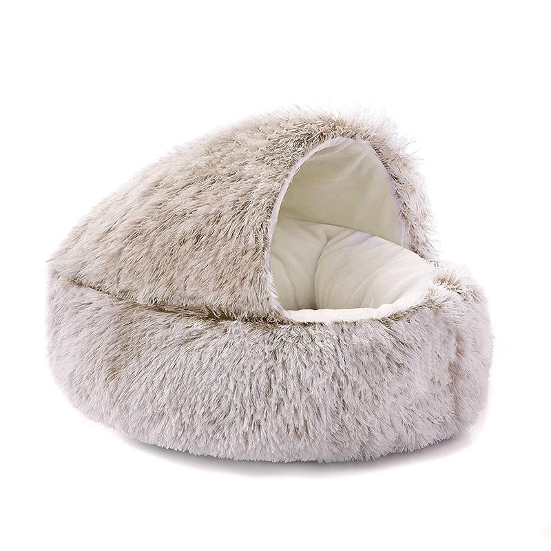 Cat Bed round Plush Fluffy Hooded Cat Bed Cave, Cozy for Indoor Cats or Small Dog Beds, Soothing Pet Beds Doughnut Calm Anti-Nxiety Dog Bed - Waterproof Bottom Washable, 20Inches Soft 2-In-1 Covered Cat Bed Cushion