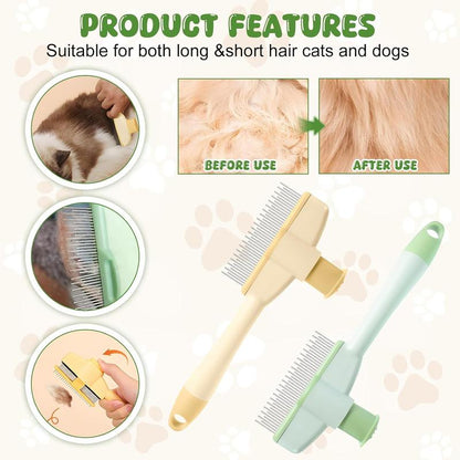 2-Pack Pet Hair Removal Comb & Flea Comb with Release Button for Cats & Dogs - Grooming Brush for Short/Long Hair Green & Yellow