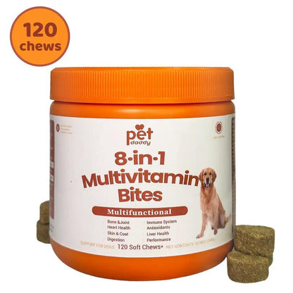 Pet Daddy 8-In-1 Multivitamin Bites for Dogs - 120 Chews for Joint Skin Omega 3 Support - Heart Immune Health - Coq10 Cod Liver Oil
