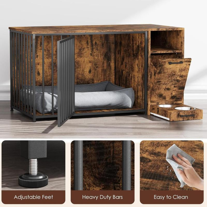 AECOJOY Dog Crate Furniture,Storage Cabinet, 36/42 Inch Wooden & Steel Rustic Brown Kennel for Large & Medium Dogs Escape-Proof Chew-Proof Adjustable Feet End Table