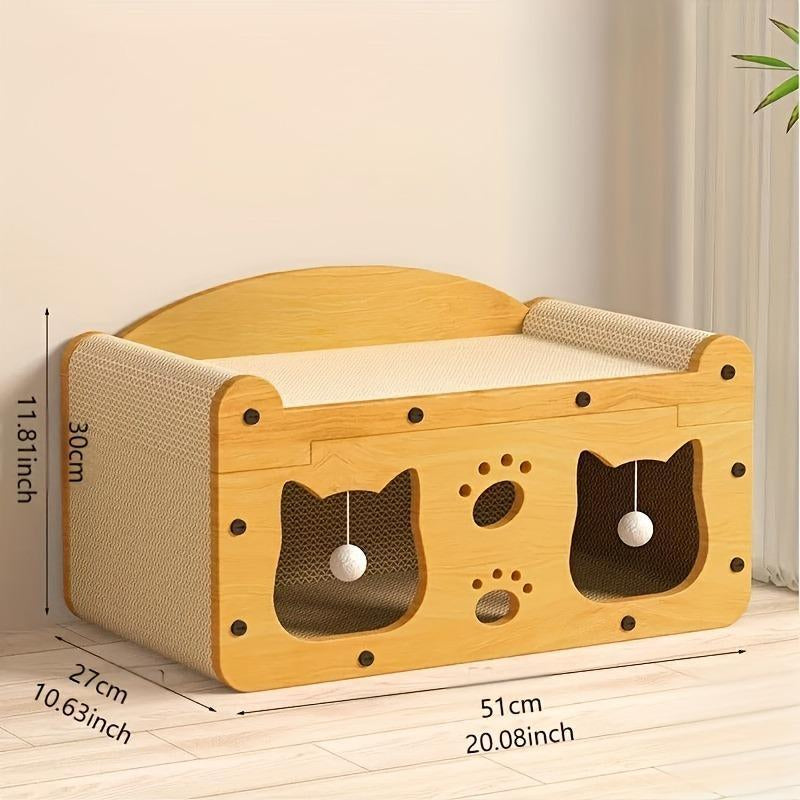 2 in 1 House & Scratch Board, 1 Set Wooden Bed with Scratcher, Durable Double Layer Bed, Pet Furniture for Indoor Spacious Cool Cat Stuff Cozy Cat Bed Cat Scratcher Indoor Cat Accessories Cat Toys Cat Accessories