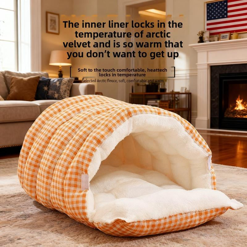 Pet Bed Christmas Theme Color Warm Winter Plaid Cat Bed - Thick Foldable Semi-Enclosed Cat Sleep Bag with Soft Skin-Friendly Velvet Lining, Portable Design