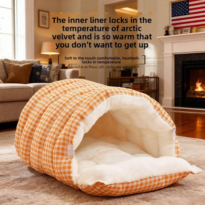 Pet Bed Christmas Theme Color Warm Winter Plaid Cat Bed - Thick Foldable Semi-Enclosed Cat Sleep Bag with Soft Skin-Friendly Velvet Lining, Portable Design