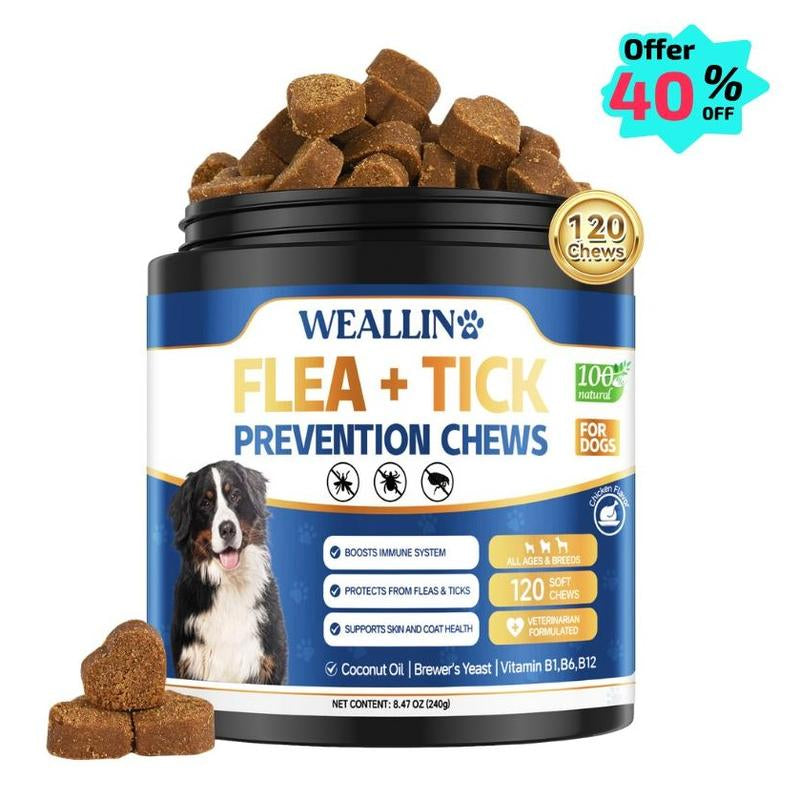 【SALE】WEALLIN Flea & Tick Prevention Chews for Dogs – Natural Formula with Coconut Oil & Flaxseed – 120 Soft Chews – Daily Support for All Breeds & Sizes – Gentle Vet-Formulated – Free Gift Included - Animal Safe
