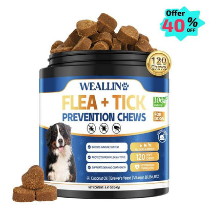 【SALE】WEALLIN Flea & Tick Prevention Chews for Dogs – Natural Formula with Coconut Oil & Flaxseed – 120 Soft Chews – Daily Support for All Breeds & Sizes – Gentle Vet-Formulated – Free Gift Included - Animal Safe