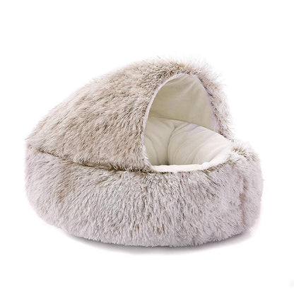 Cat Bed round Plush Fluffy Hooded Cat Bed Cave, Cozy for Indoor Cats or Small Dog Beds, Soothing Pet Beds Doughnut Calm Anti-Nxiety Dog Bed - Waterproof Bottom Washable, 20Inches Soft 2-In-1 Covered Cat Bed Cushion