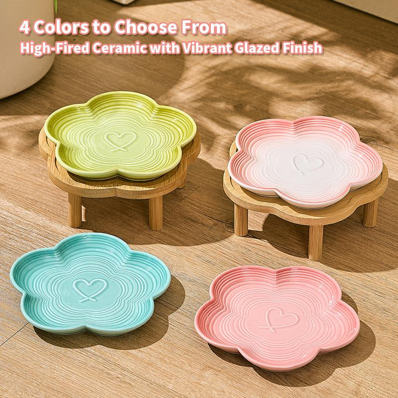 Shallow Elevated Cat Bowl, 6.6 Inch Wide Raised Ceramic Cat Dish with Bamboo Stand, Whisker Friendly Pet Water or Food Plate Feeding Station for Indoor Cats, Kittens