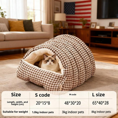 Pet Bed Christmas Theme Color Warm Winter Plaid Cat Bed - Thick Foldable Semi-Enclosed Cat Sleep Bag with Soft Skin-Friendly Velvet Lining, Portable Design