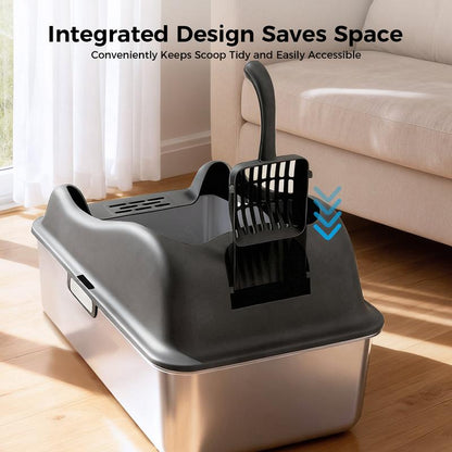 【Christmas Gifts】Extra Large Stainless Steel Cat Litter Box with Lid for Big Cats | XL Enclosed Metal Pan with High Sidewalls & Removable Cover | Leak-Proof, Non-Stick, Easy-Clean